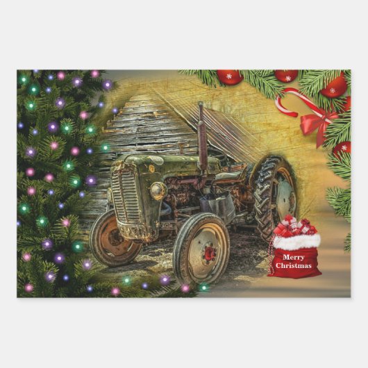 Vintager Grüner Traktor Weihnachten Geschenkpapier Set (Vorderseite)
