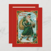Vintager grüner Weihnachtsmann im Schnee Postkarte (Vorne/Hinten)