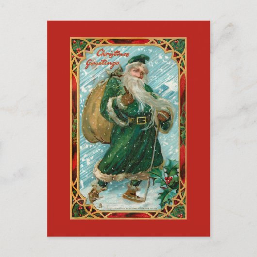 Vintager grüner Weihnachtsmann im Schnee Postkarte (Vorderseite)