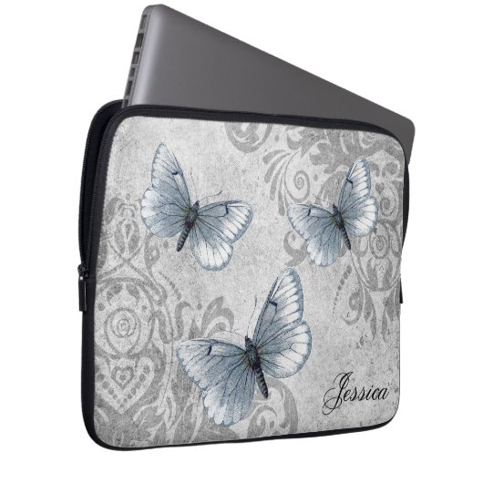 Vintager Grunge Damask und Schmetterlinge Laptopschutzhülle (Vorne Rechts)