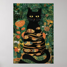 Vintager Gustav Klimt Schwarze Katze Im Blumengart