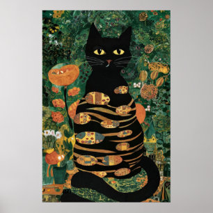 Vintager Gustav Klimt Schwarze Katze Im Blumengart Poster