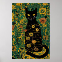 Vintager Gustav Klimt Schwarze Katze Im Blumengart