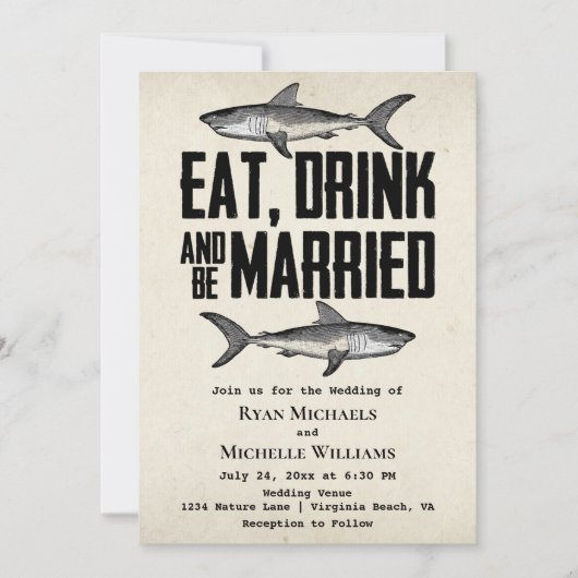 Vintager Hai trinken und Verheiratet Hochzeit sein Einladung (Vorderseite)