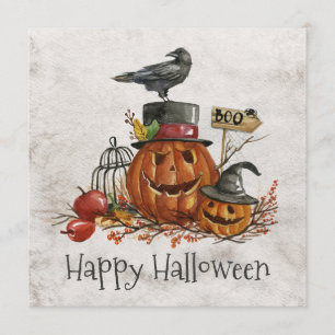 Vintager Halloween Black Bird & Pumpkins Einladung