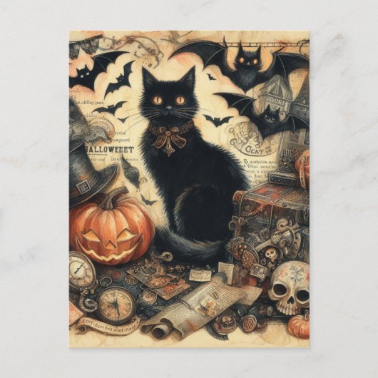 Vintager Halloween Black Cat Holiday Feiertagspostkarte (Vorderseite)