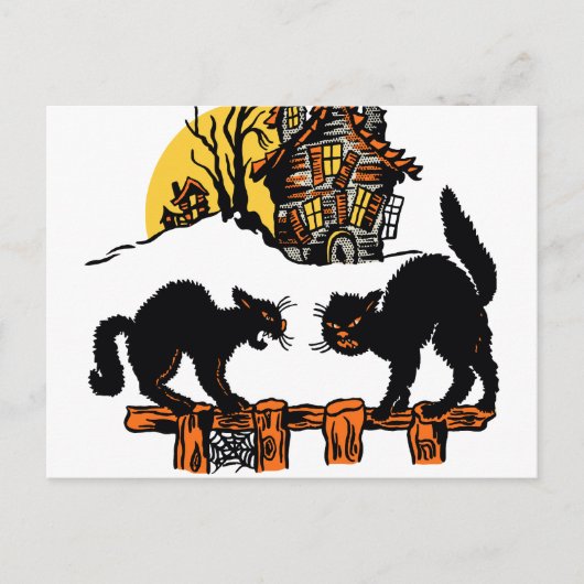 Vintager Halloween Black Cats Trick oder Treff Postkarte (Vorderseite)