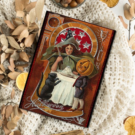 Vintager Halloween-Casting-Zauber mit Wand Postkarte