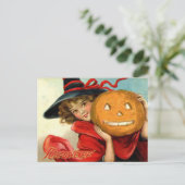 Vintager Halloween-Hexenkürbis Feiertagspostkarte (Stehend Vorderseite)