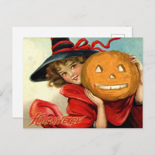 Vintager Halloween-Hexenkürbis Feiertagspostkarte (Vorne/Hinten)