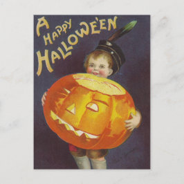Vintager Halloween-Junge und Kürbispostkarte Feiertagspostkarte