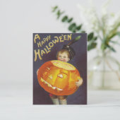 Vintager Halloween-Junge und Kürbispostkarte Feiertagspostkarte (Stehend Vorderseite)