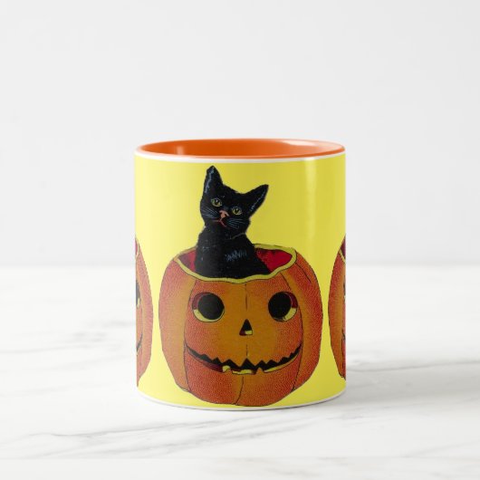 Vintager Halloween-KürbisKitty Zweifarbige Tasse (Mittel)