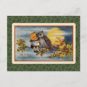 Vintager Halloween Pumpkin Boy und Owl Postkarte