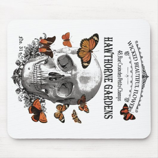 Vintager Halloween-Schädel und Schmetterlinge Mousepad (Vorne)