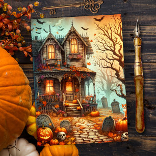 Vintager Halloween Spuk House Fall Feiertagskarte