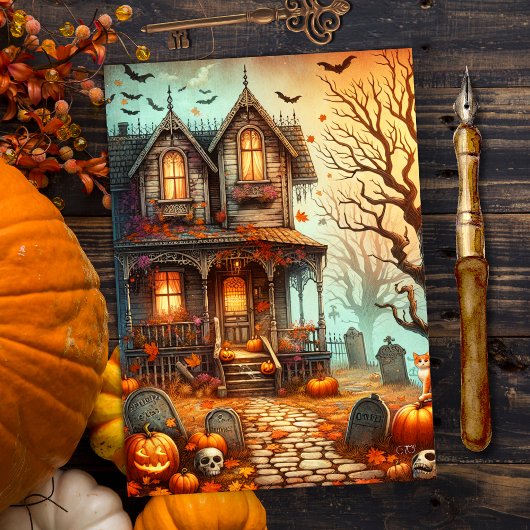 Vintager Halloween Spuk House Fall Feiertagskarte