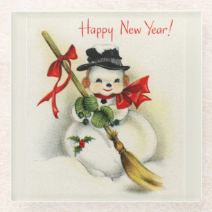 Vintager Happy New Year Snowman Glasuntersetzer