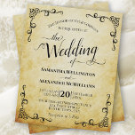 Vintager Haushalt<br><div class="desc">Diese wunderschöne Hochzeitseinladung ist eine elegante Art, Ihre Freunde und Familie einzuladen, sich an Ihrem besonderen Tag zu erfreuen, ohne die Bank zu brechen. Das Design hat eine Vintage alte Welt und ist auf Pergamentpapier aus Imitaten mit eleganter Kalligraphie und dekorativen Rollarbeit in den Ecken gedruckt. Dieses einladende Hotel ist...</div>