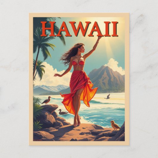 Vintager Hawaii Tropical Beach Woman Reise Postkarte (Vorderseite)