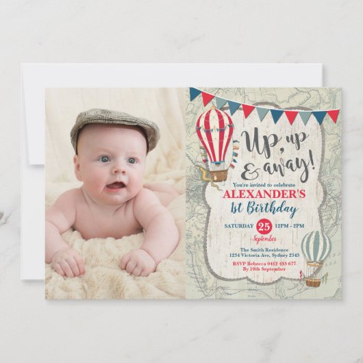 Vintager Heißluftballon Auf und Ab Jungen Geburtst Einladung (Vorderseite)