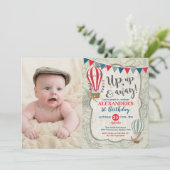 Vintager Heißluftballon Auf und Ab Jungen Geburtst Einladung (Stehend Vorderseite)