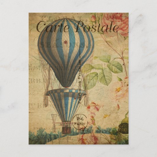 Vintager Heißluftballon Floral Blume Französisch Postkarte (Vorderseite)