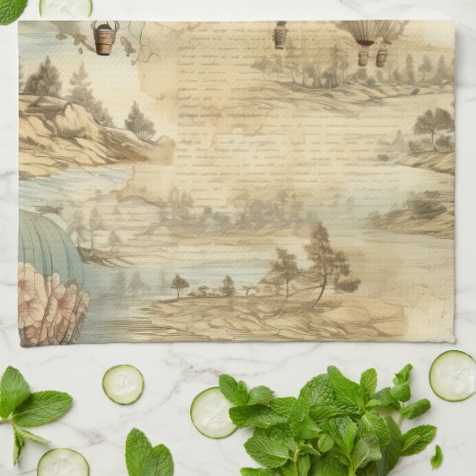 Vintager Heißluftballon in einer Serenlandschaft ( Geschirrtuch (Gefaltet)