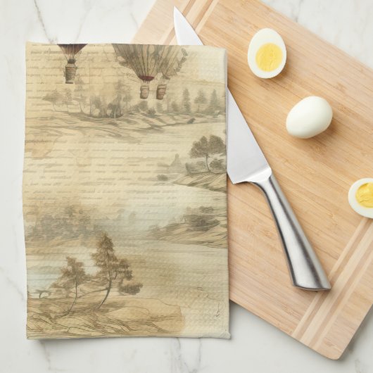 Vintager Heißluftballon in einer Serenlandschaft ( Geschirrtuch (Viertel Falte)