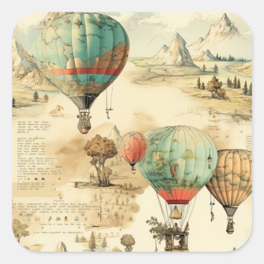 Vintager Heißluftballon in einer Serenlandschaft ( Quadratischer Aufkleber (Vorderseite)