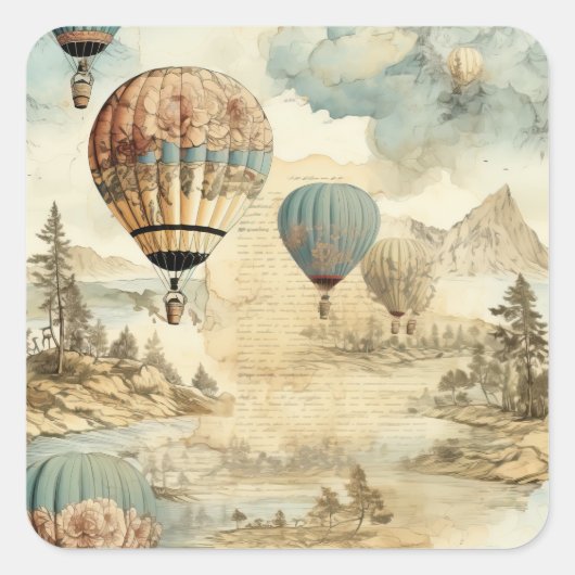 Vintager Heißluftballon in einer Serenlandschaft ( Quadratischer Aufkleber (Vorderseite)