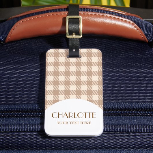Vintager, hellbrauner, beiger Gingham geprüft Gepäckanhänger (Vorderseite Insitu 2)