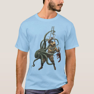 Vintager Helmtaucher mit Hummer und Oktopus T-Shirt