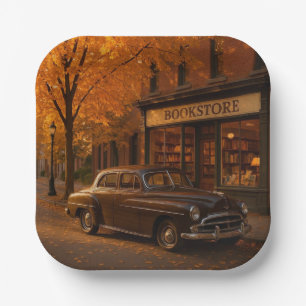 Vintager Herbst/Herbst-Buchladen Pappteller
