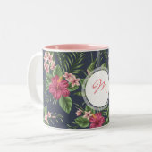 Vintager Hibisken dunkle Muster Monogramm-Tasse Zweifarbige Tasse (Vorderseite Links)