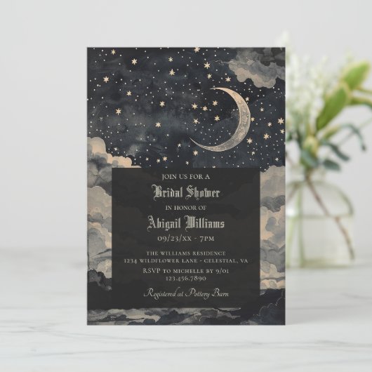 Vintager Himmelsmond Sterne Mystisches Brautparty Einladung (Stehend Vorderseite)