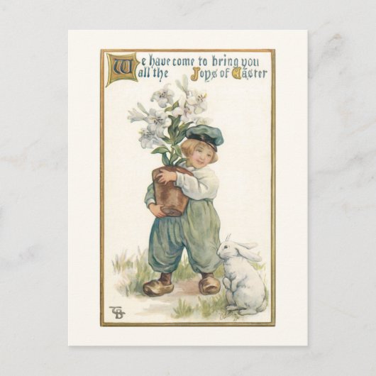 Vintager holländischer Junge mit Osterlilien und B Postkarte (Vorderseite)