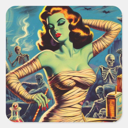 Vintager Horror Mummy Girl Quadratischer Aufkleber (Vorderseite)
