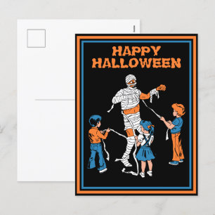 Vintager Horror Mummy mit Kindern halbrund Feiertagspostkarte
