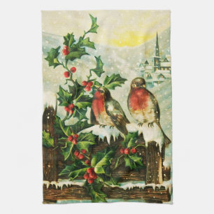 Vintager hübscher Schneeschuhwal und Vögel Geschirrtuch