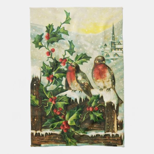 Vintager hübscher Schneeschuhwal und Vögel Geschirrtuch (Vertikal)