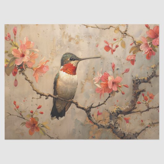 Vintager Hummingvogel mit Kirschblüten Dekoupage Seidenpapier (Vorderseite)
