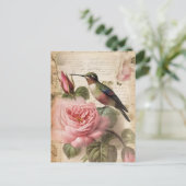 Vintager Hummingvogel und rosa Rosen Postkarte (Stehend Vorderseite)