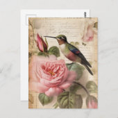 Vintager Hummingvogel und rosa Rosen Postkarte (Vorne/Hinten)