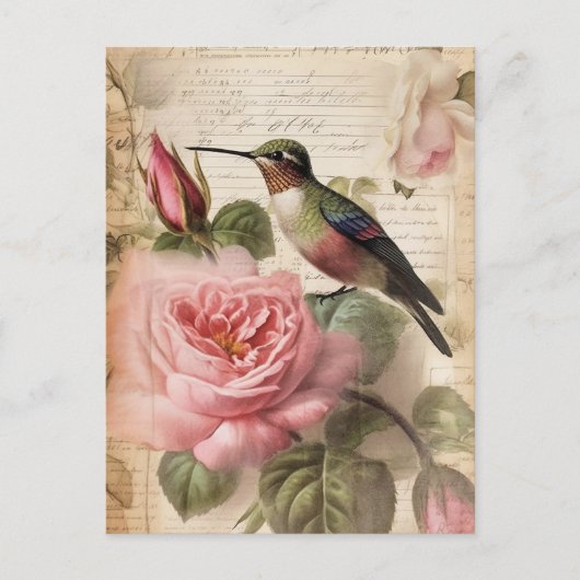 Vintager Hummingvogel und rosa Rosen Postkarte (Vorderseite)