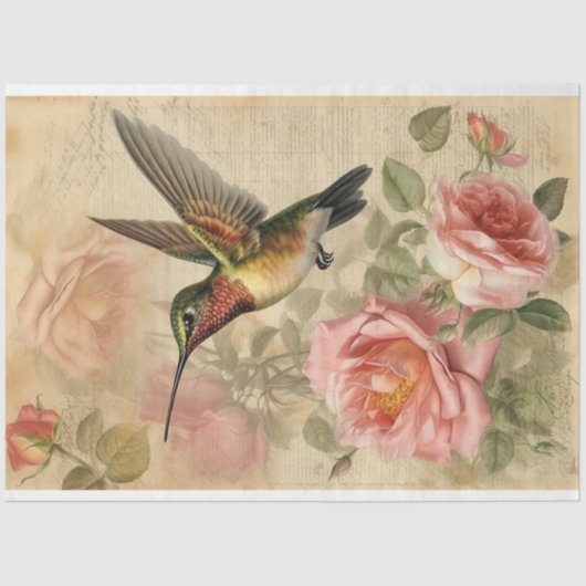 Vintager Hummingvogel und rosa Rosen Seidenpapier (Vorderseite)