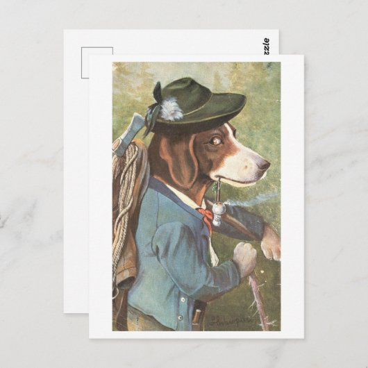 Vintager Hund in Wanderkleidung Postkarte (Vorne/Hinten)