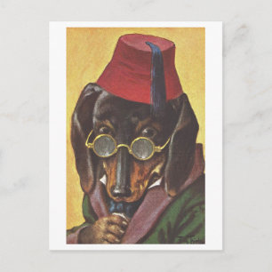 Vintager Hund mit Fes und Brille Postkarte