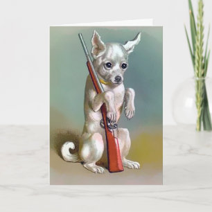 Vintager Hund mit Gun Weihnachtskarte Feiertagskarte