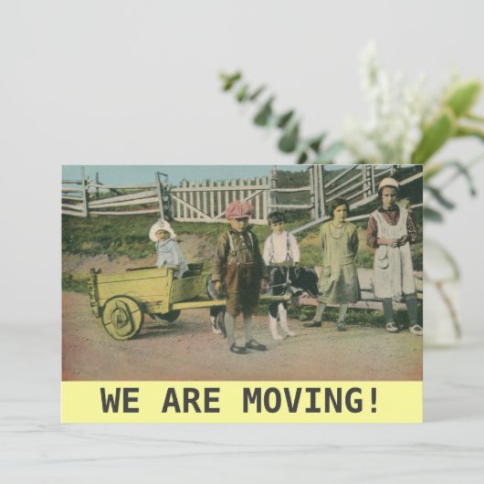 Vintager Hundekarren Wir bewegen uns Ankündigung (Stehend Vorderseite)